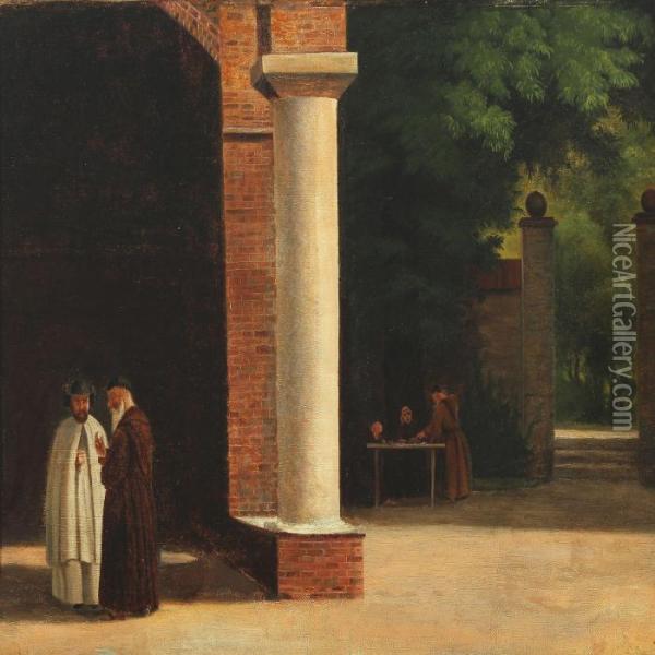 Monastery With Two Conversation Monks And Monks Around A Table Oil Painting - Christoffer Wilhelm Eckersberg