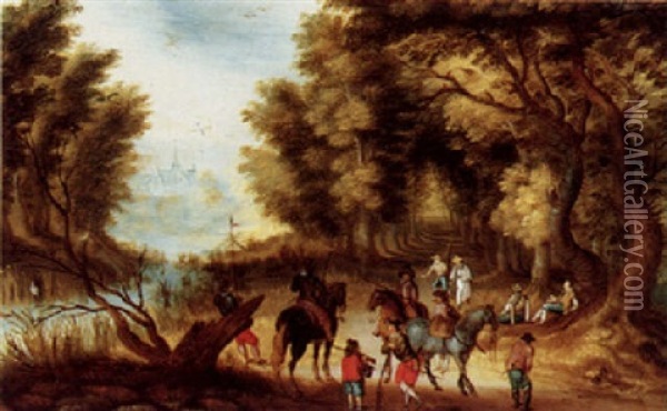 A Wooded Landscape With Figures Resting On A Path Oil Painting - Jan Brueghel the Elder