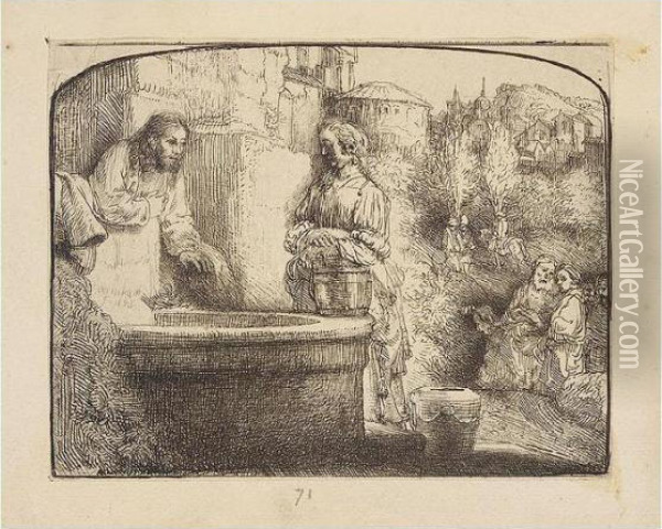Christ And The Woman Of Samaria: An Arched Print (b., Holl.70; H.294; Bb.57-b) Oil Painting - Rembrandt Van Rijn