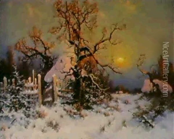 A Hamlet In Winter Oil Painting - Yuliy Yulevich (Julius) Klever