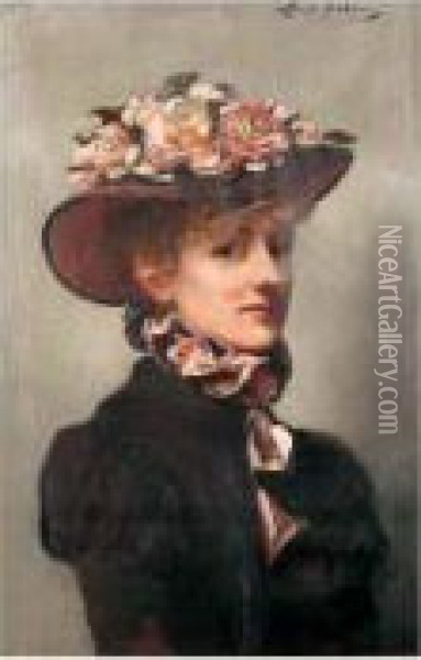 Portrait De Jeune Femme Au Chapeau Fleuri Oil Painting - Louise Abbema
