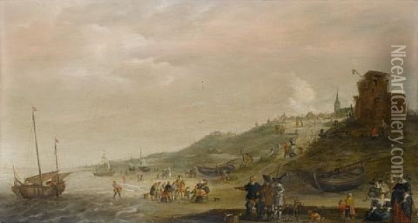 A Coastal Landscape With Elegant Figures On The Shore And Fishermen Unloading Their Catch Oil Painting - Isaac Willaerts