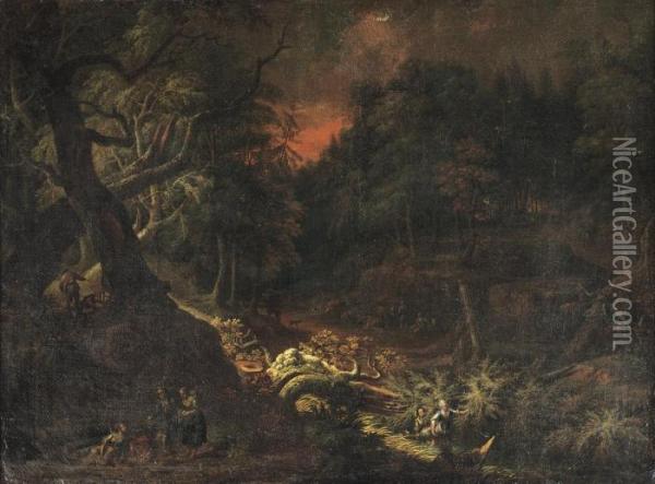 An Evening Wooded Landscape With Figures Conversing On Atrack Oil Painting - Christian Georg Schuttz II