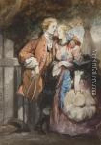Un Couple D'elegants Pres D'une Barriere, Un Arbre A L'arriere-plan Oil Painting - Eugene Louis Lami