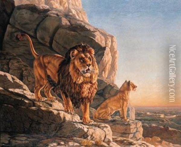 Lion And A Lioness On The Lookout On A Mountain Oil Painting - Urs Eggenschwiler