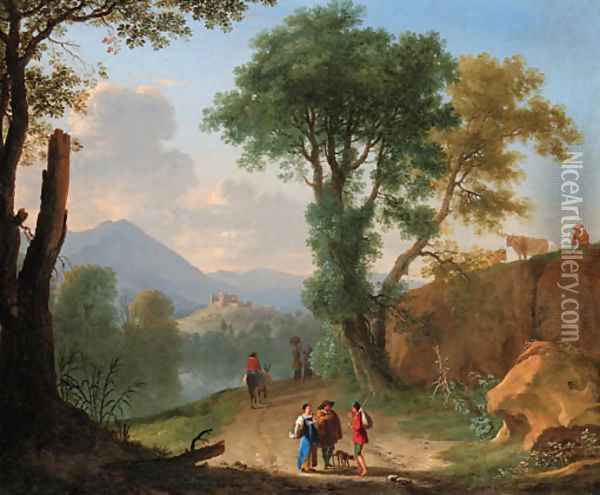 An Italianate landscape with travellers and peasants on a path by a river Oil Painting - Herman Van Swanevelt