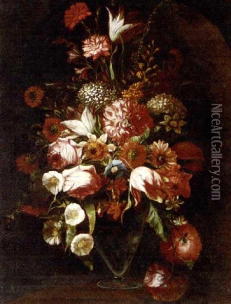 Parrot Tulips, Roses, Narcissi, Hydrangeas, Convolvulus And Other Flowers In A Glass Vase In A Niche Oil Painting - Mario Nuzzi