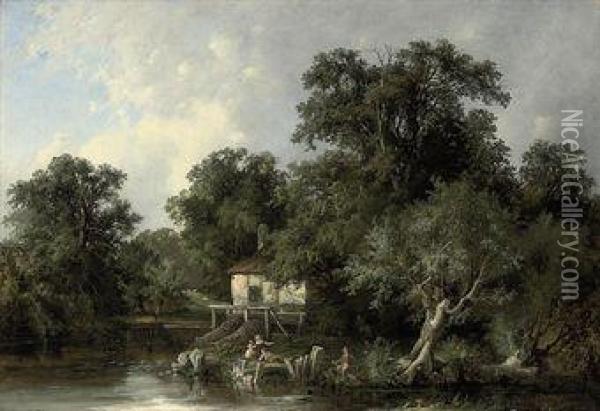 Young Anglers By A Watermill Oil Painting - Henry John Boddington