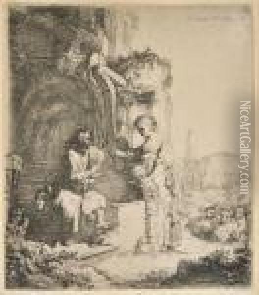 Christ And The Woman Of Samaria: Among Ruins Oil Painting - Rembrandt Van Rijn
