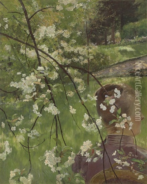 Jeune Femme A Branche De Fleurs Oil Painting - Gaston La Touche
