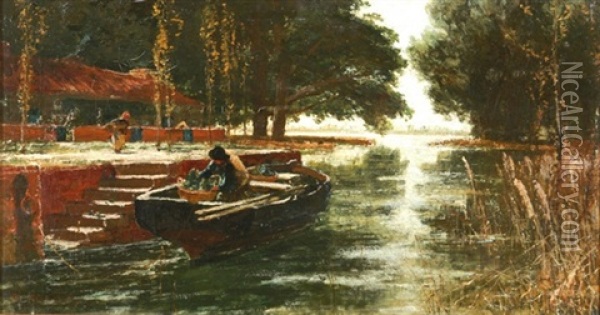 Steg Am Fluss Mit Boot Und Marktfrauen Oil Painting - Edwin John Ellis