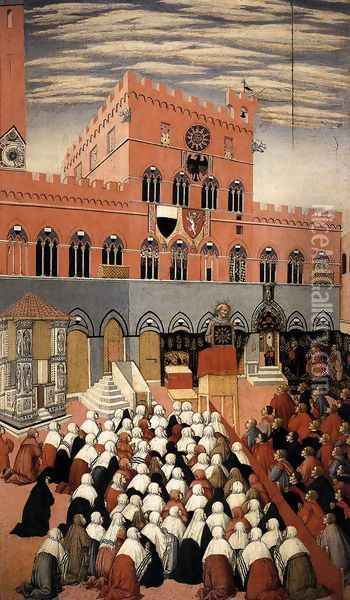 St Bernardino Preaching in the Campo 1445 Oil Painting - Sano Di Pietro