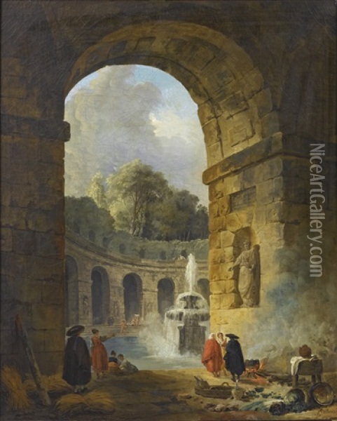 Fantaisie De Ruines Romaines Avec Arcades Et Fontaine Animee De Personnages Oil Painting - Hubert Robert