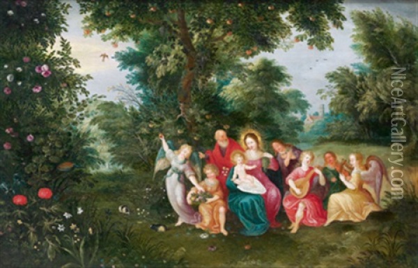 Die Heilige Familie Mit Musizierenden Engeln In Einer Waldlandschaft Oil Painting - Cornelis de Baellieur the Elder