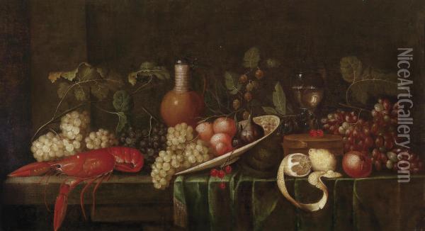 Large Still Life With Flowers With A Cookedlobster Oil Painting - Jan Pauwel Gillemans The Elder