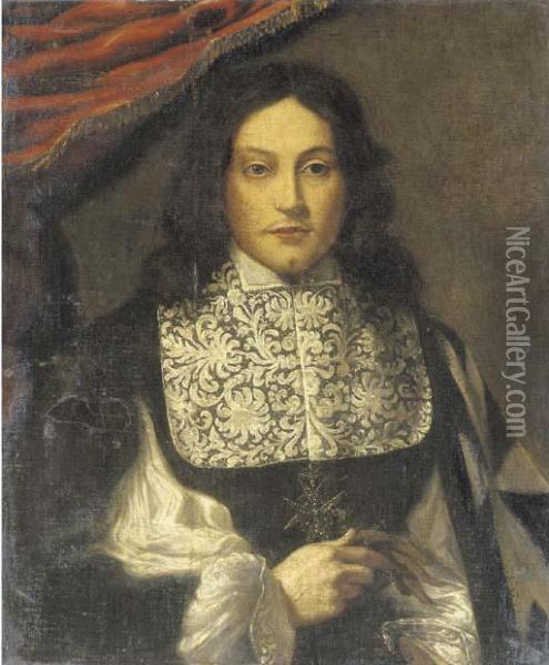 Portrait Of A Knight Of Malta, Half-length, Holding A Glove Oil Painting - Giovanni Bernardo Carbone