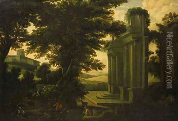 Shepherds by a classical ruin in an Italianate landscape Oil Painting - Jakob Philippe Hackert