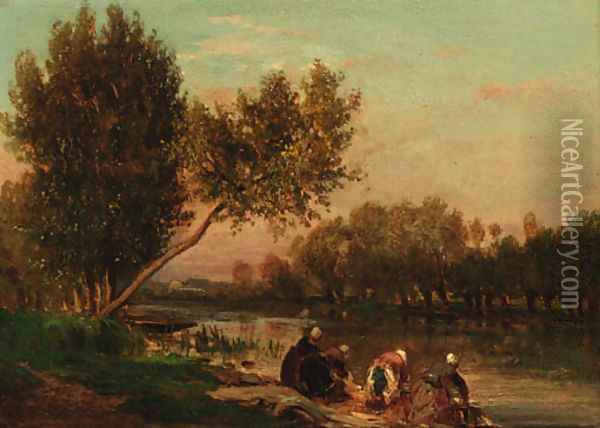 Washerwomen on the banks of a river Oil Painting - Emile Charles Lambinet