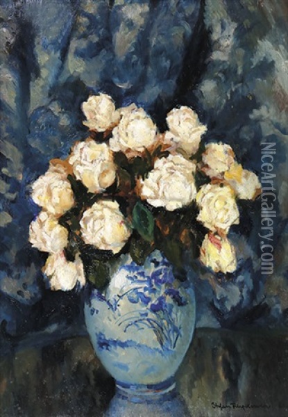 Rosenstraus In Weis-blauer Vase Oil Painting - Stefan Filipkiewicz