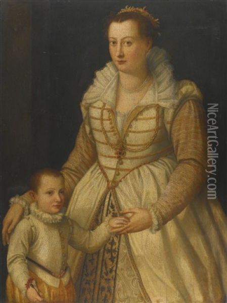 Portrait Of A Lady And Her Son Oil Painting - Alessandro di Cristofano Allori