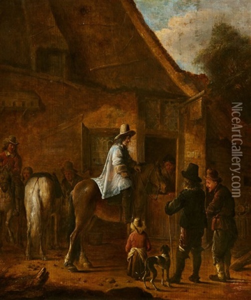 Horsemen By A Tavern Oil Painting - Cornelis Dusart