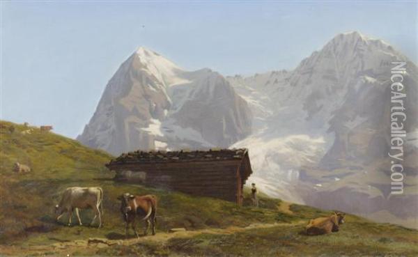 Cows In A Meadow Before The Eiger And The Matterhorn Oil Painting - Albert Lugardon