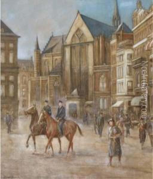 Police On Horseback On Dam Square, Amsterdam Oil Painting - Dirk Johannes Van Haaren