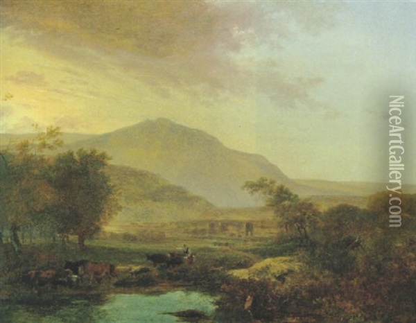 Romische Campagna-landschaft Im Abendlicht Mit Heimkehrender Herde, Im Hintergrund Der Ponte Molle Oil Painting - Adam Pynacker