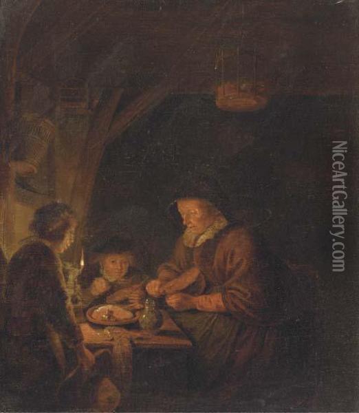 An Old Woman And Two Children Eating By Candlelight In An Interior Oil Painting - Gerrit Dou