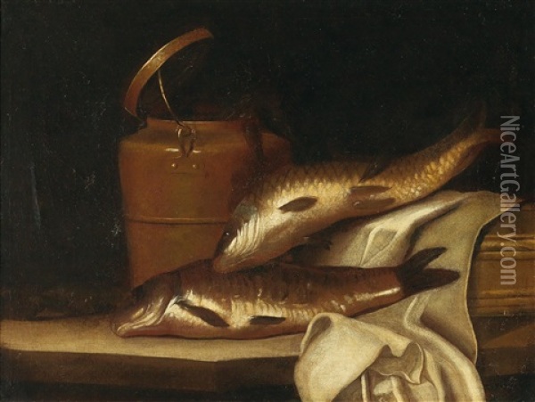 A Still Life With A Carp Before A Copper Kettle Oil Painting - Pierre Nichon