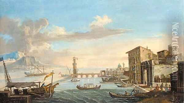 A capriccio of a Mediterranean harbour with a lighthouse Oil Painting - (circle of) Wittel, Gaspar van (Vanvitelli)