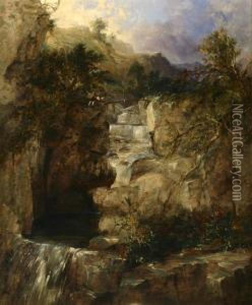 Figures Above A Waterfall Oil Painting - James Burrell-Smith