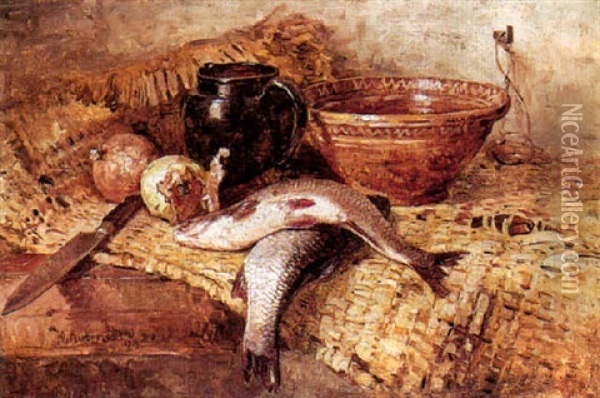 Still Life With Fish Oil Painting - Yuliy Yulevich Klever the Younger