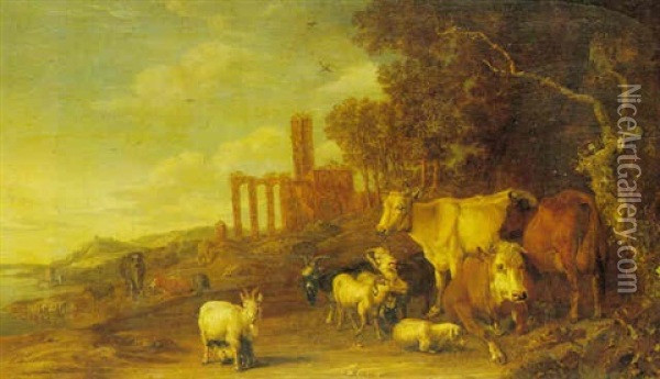A Wooded River Landscape With Cattle And Goats, Ruins In The Background Oil Painting - Paulus Potter