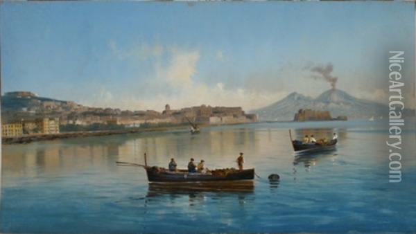 Neapel, Blick Vom Wasser Richtung Vesuv Mit Dem Castel Dell Ovo, Linkerhand Das Castell Sant'elmo Oil Painting - Gioacchino La Pira