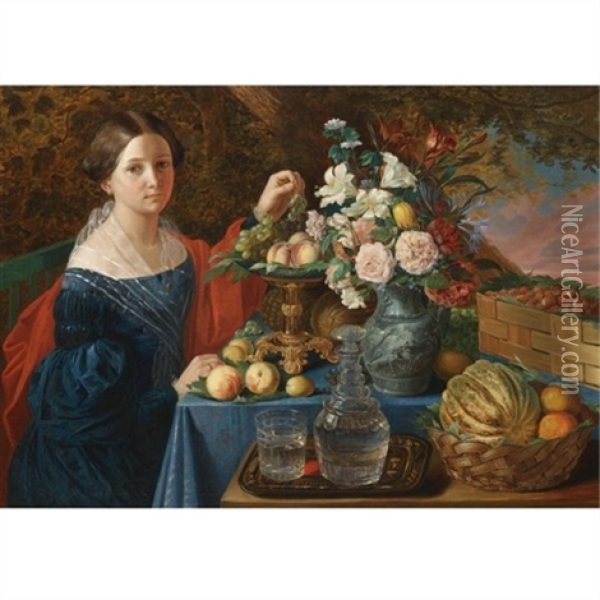 Portrait Of A Young Lady With Flowers And Fruit Oil Painting - Ivan Fomich Khrutsky