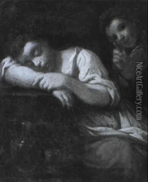 Drunken Maid Asleep Watched By A Youth Oil Painting - Giuseppe Maria Crespi
