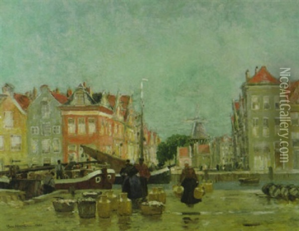 Fischerverkauf An Einer Hollandischen Gracht Nach Dem Regen Oil Painting - Hans Herrmann