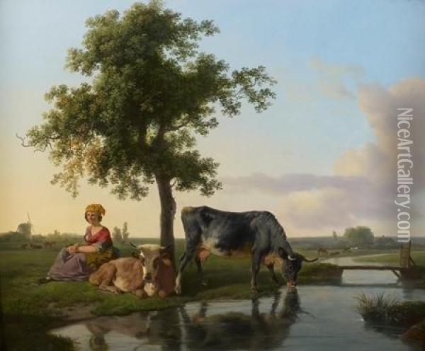 Le Repos D'une Bergere Et De Ses Vaches Sous Un Arbre Oil Painting - Jean Louis (Marnette) De Marne