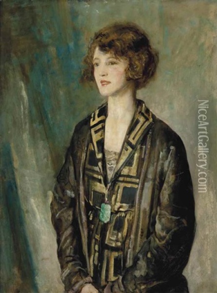 Portrait Of Mrs Charles Romer-williams, Wearing A Jade Pendant Oil Painting - Arthur Ambrose McEvoy