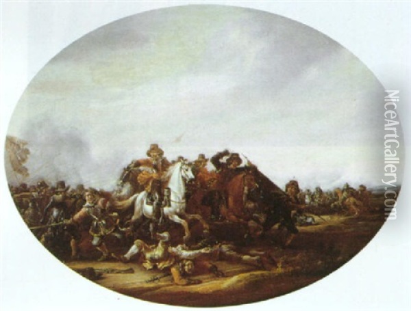 A Skirmish Between Cavalry And Infantry On A Plain Oil Painting - Abraham van der Hoef