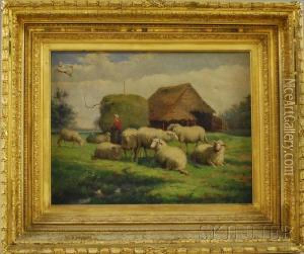 Shepherdess With Her Flock Oil Painting - Jef Louis Van Leemputten
