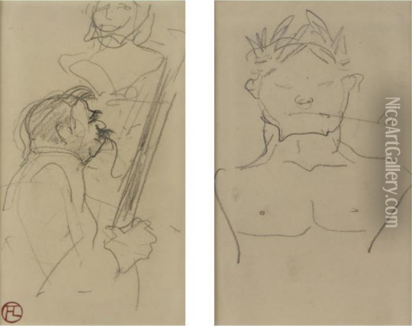 Vieilles Histoires, Portrait De 
Desire Dihau Jouant Du Basson And Buste Laure: A Double-sided Drawing, 
D.3.381-d.3.382 Oil Painting - Henri De Toulouse-Lautrec