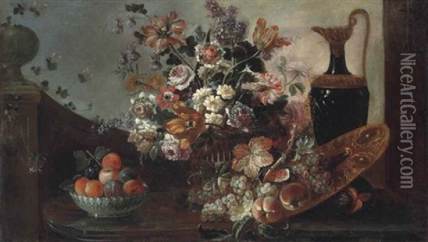 Parrot Tulips, Carnations, Roses, Aquilegia And Other Flowers In A Woven Basket, A Ewer And Peaches And Grapes On A Gilt Platter Oil Painting - Meiffren Conte