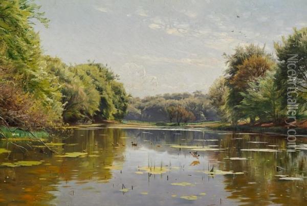 Ducks In A Forest Lake Oil Painting - Peder Mork Monsted