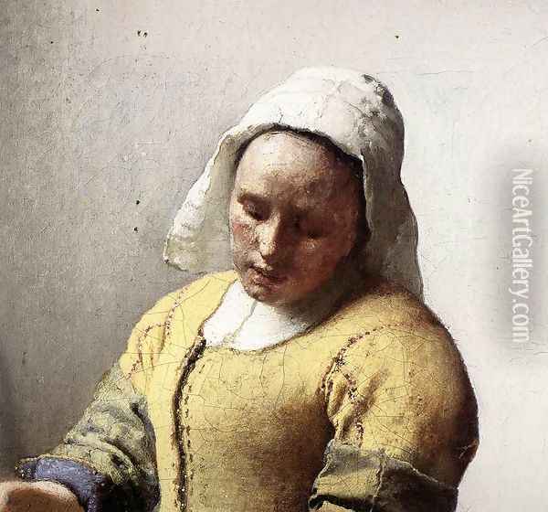 The Milkmaid (detail-1) c. 1658 Oil Painting - Jan Vermeer Van Delft