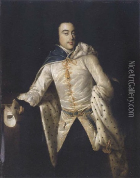 Portrait Of A Gentleman (john Palmer?) Wearing A Blue Cloak With Fur Lining And Holding A Mask In His Right Hand Oil Painting - Nathaniel Dance Holland (Sir)