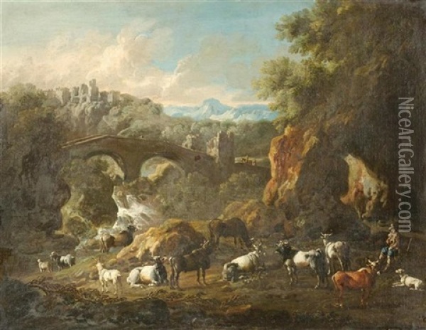 Mediterrane Flusslandschaft Mit Einem Hirten Und Seinem Vieh Oil Painting - Cajetan Roos