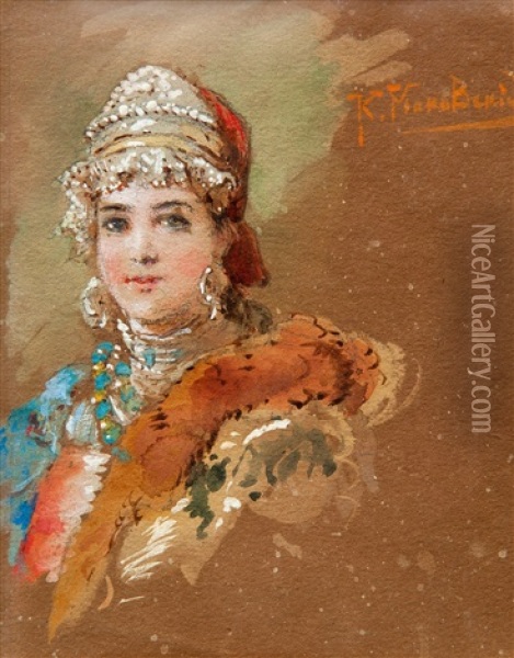 Sketch For A Postcard Oil Painting - Konstantin Egorovich Makovsky