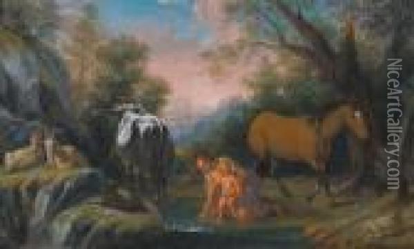Paesaggio Boschivo Con Pastorella Oil Painting - Johann Melchior Roos